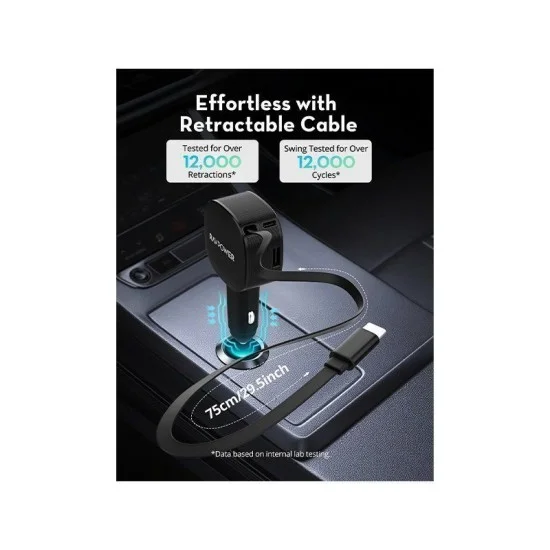RavPower 1-Port USB-C and 1-Port USB-A PD 60W Car Charger With build in USB-C Cable - Black